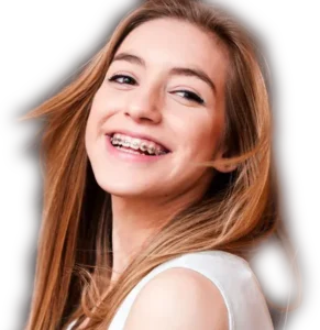 a girl with full smile wearing metallic braces