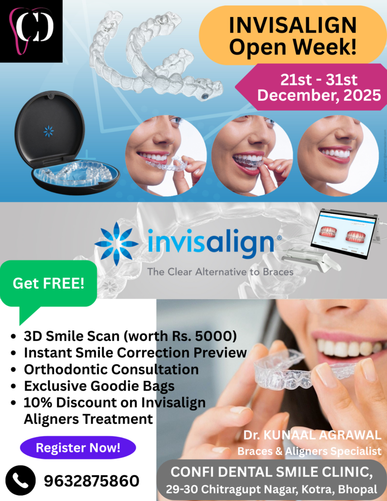 a poster inviting patients for INVISALIGN open week at Confi Dental SMile Clinic, Bhopal, from 21st to 31st December, 2025